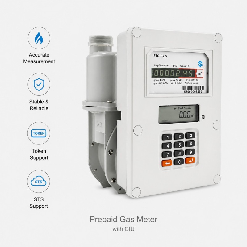 Prepaid Gas Meter with CIU, supporting STS and Token, digital display and keypad, angled studio product photo, left-side feature icons showing Token and STS.