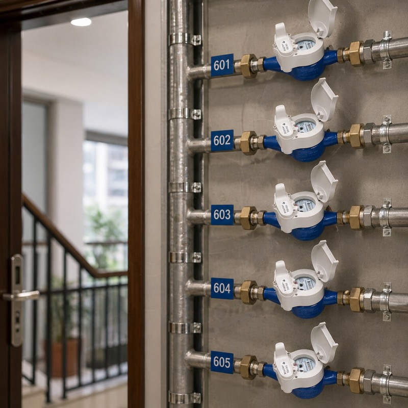 Medidores de água inteligentes LoRaWAN instalados em um prédio de apartamentos para submedição residencial e leitura remota do medidor