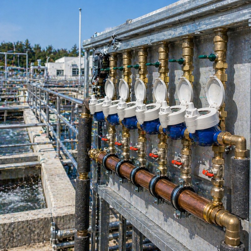 Medidores de água LoRaWAN instalados no sistema de tubulação industrial para monitoramento do uso de água em tempo real