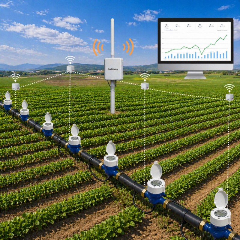 Medidor de água LoRaWAN usado no sistema de irrigação agrícola para monitoramento remoto e controle de água