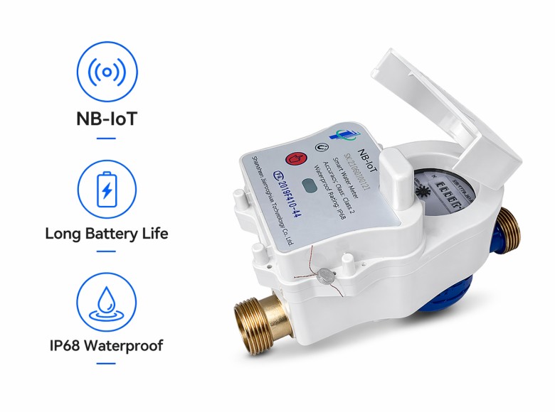 Compteur d'eau intelligent NB-IoT avec une longue durée de vie de la batterie et une conception étanche IP68 pour la surveillance à distance.