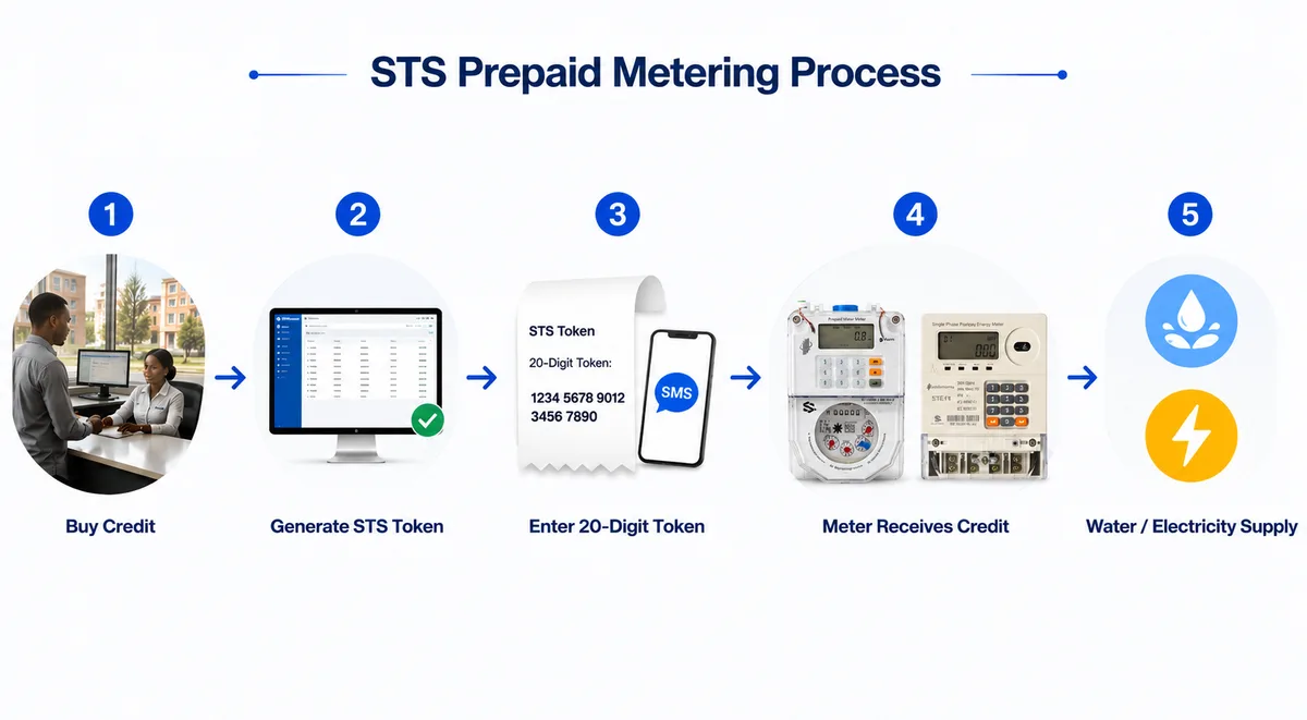 STS prepaid metering process flowchart for water and electricity token management